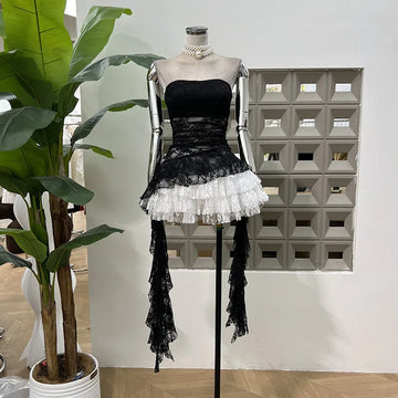 Xajzpa Fashion Two Piece Set Irregular Lace Top + High Waisted Fluffy Skirt Solid Color Female Elegant Birthday Dress New